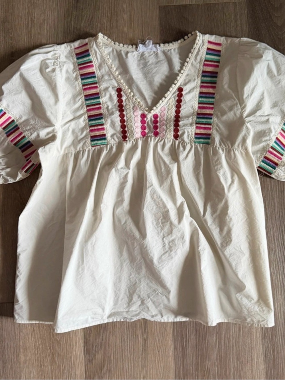 THML Cream Peasant Top with Pink, Green & Teal Embroidery, size L